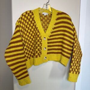 Oscar Street Wool Blend Knit Yellow Brown Checkered Striped Sweater Size Small